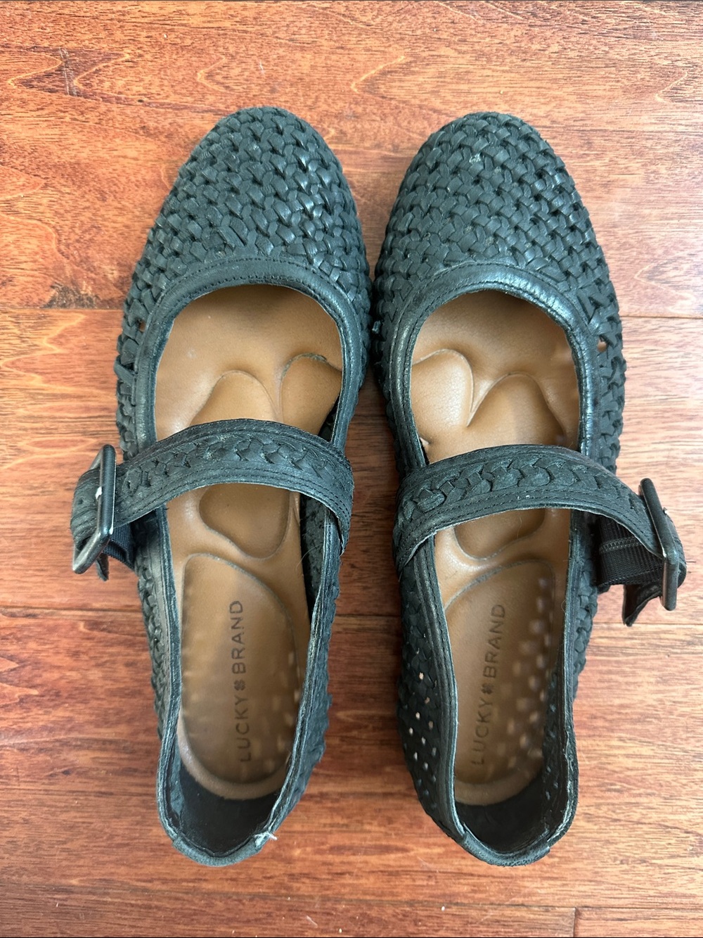 Lucky Brand Black Woven Mary Jane Flats with Buckle Strap